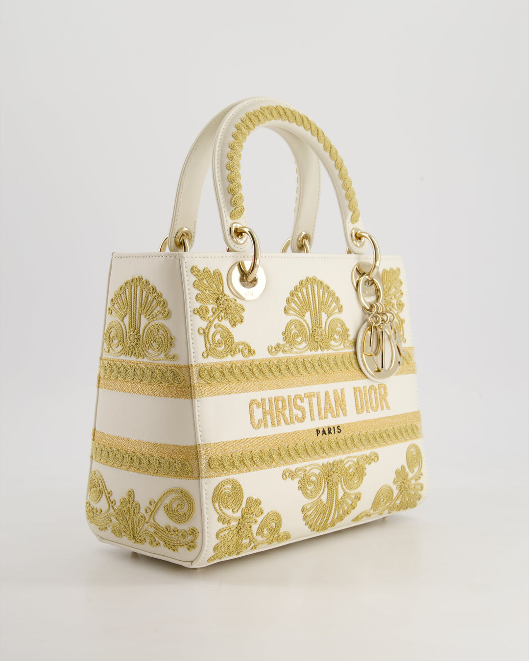 *RARE* Christian Top quality Dior Limited Edition Cruise 2021 Embroidered White Medium Lady Top quality Dior Bag in Calfskin Leather with Champagne Gold Hardware