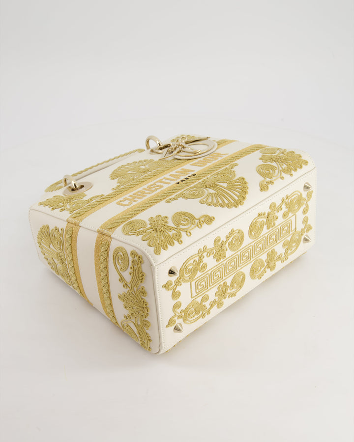 *RARE* Christian Top quality Dior Limited Edition Cruise 2021 Embroidered White Medium Lady Top quality Dior Bag in Calfskin Leather with Champagne Gold Hardware