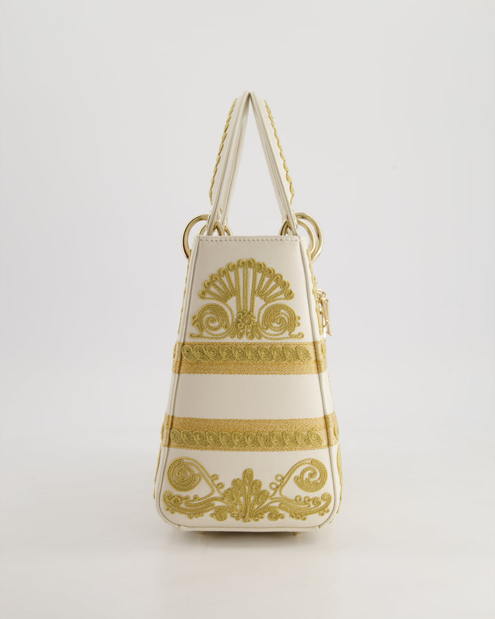 *RARE* Christian Top quality Dior Limited Edition Cruise 2021 Embroidered White Medium Lady Top quality Dior Bag in Calfskin Leather with Champagne Gold Hardware