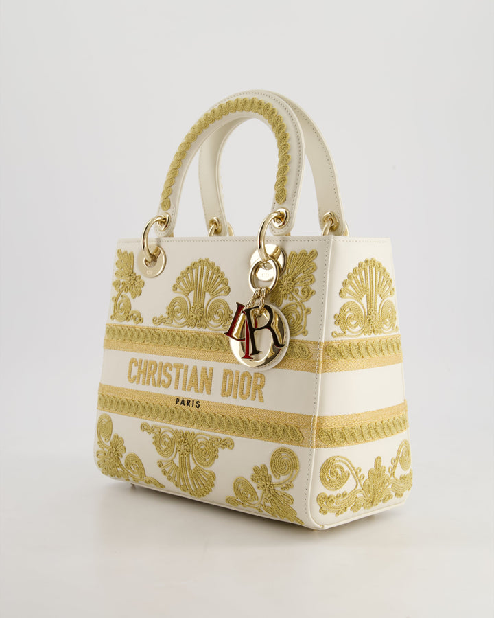 *RARE* Christian Top quality Dior Limited Edition Cruise 2021 Embroidered White Medium Lady Top quality Dior Bag in Calfskin Leather with Champagne Gold Hardware