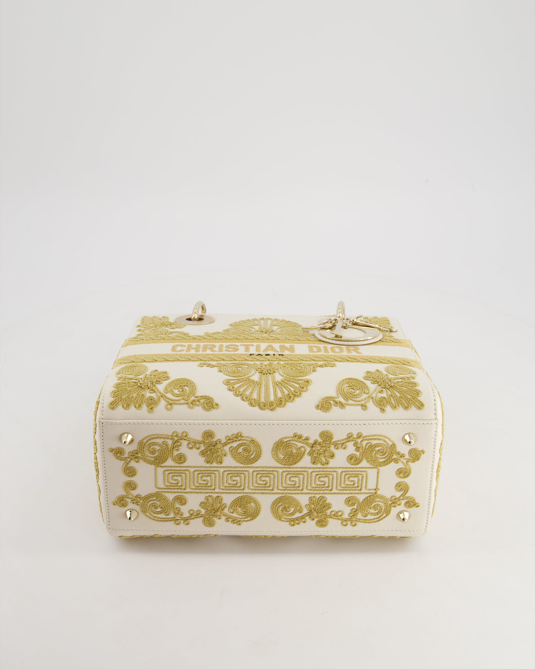 *RARE* Christian Top quality Dior Limited Edition Cruise 2021 Embroidered White Medium Lady Top quality Dior Bag in Calfskin Leather with Champagne Gold Hardware