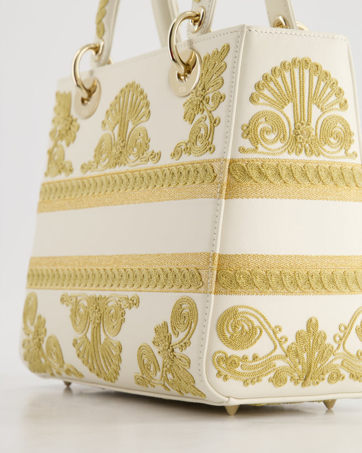 *RARE* Christian Top quality Dior Limited Edition Cruise 2021 Embroidered White Medium Lady Top quality Dior Bag in Calfskin Leather with Champagne Gold Hardware
