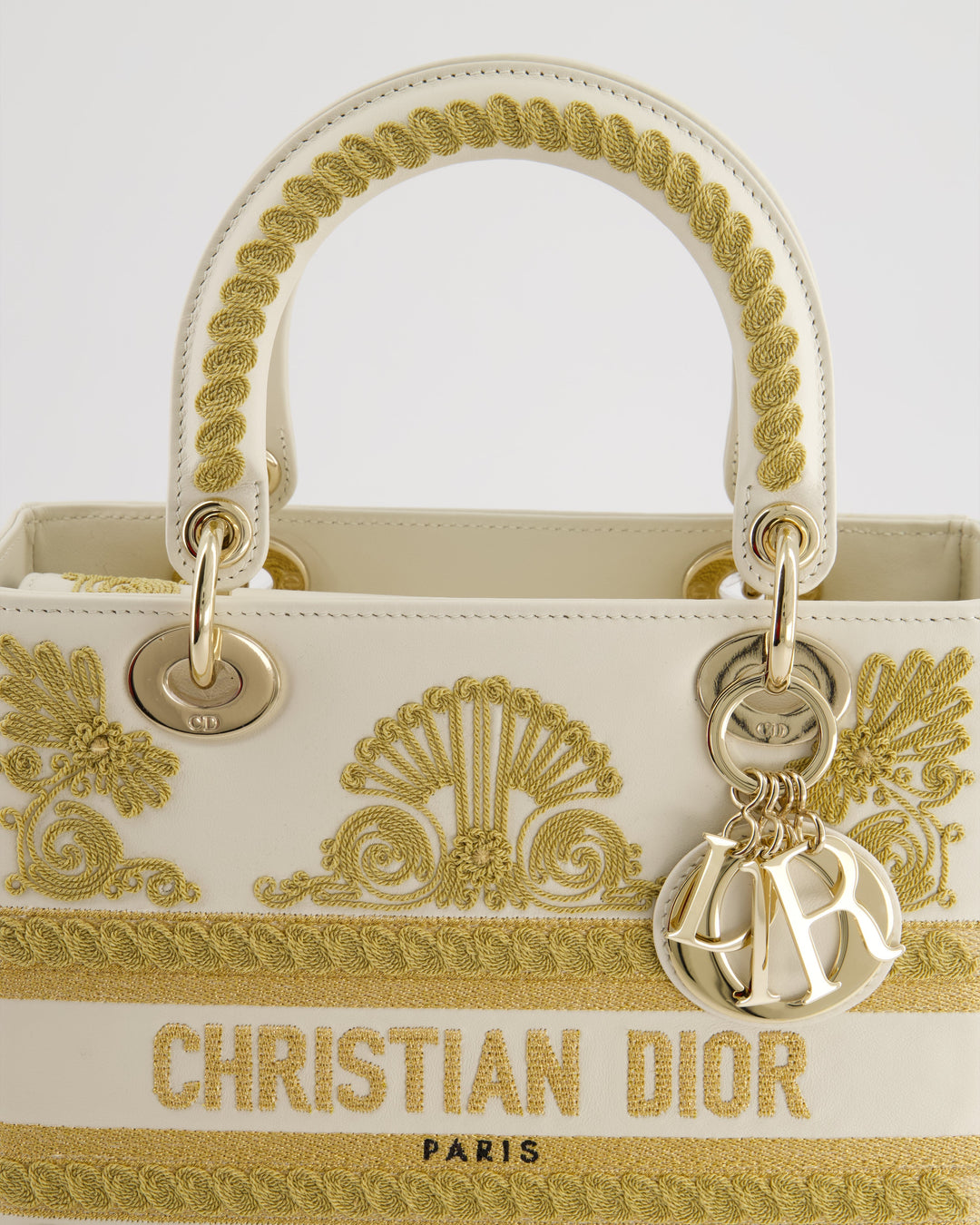 *RARE* Christian Top quality Dior Limited Edition Cruise 2021 Embroidered White Medium Lady Top quality Dior Bag in Calfskin Leather with Champagne Gold Hardware