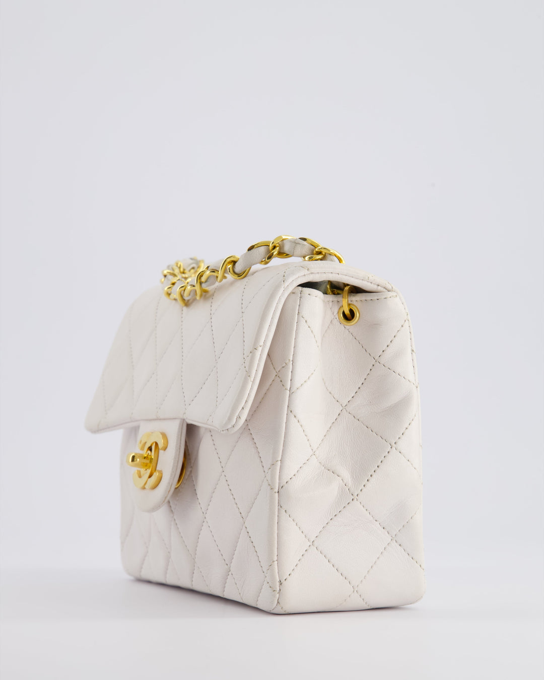 Top Quality Chanel Vintage White Mini Square Bag in Lambskin Leather with 24K Gold Hardware