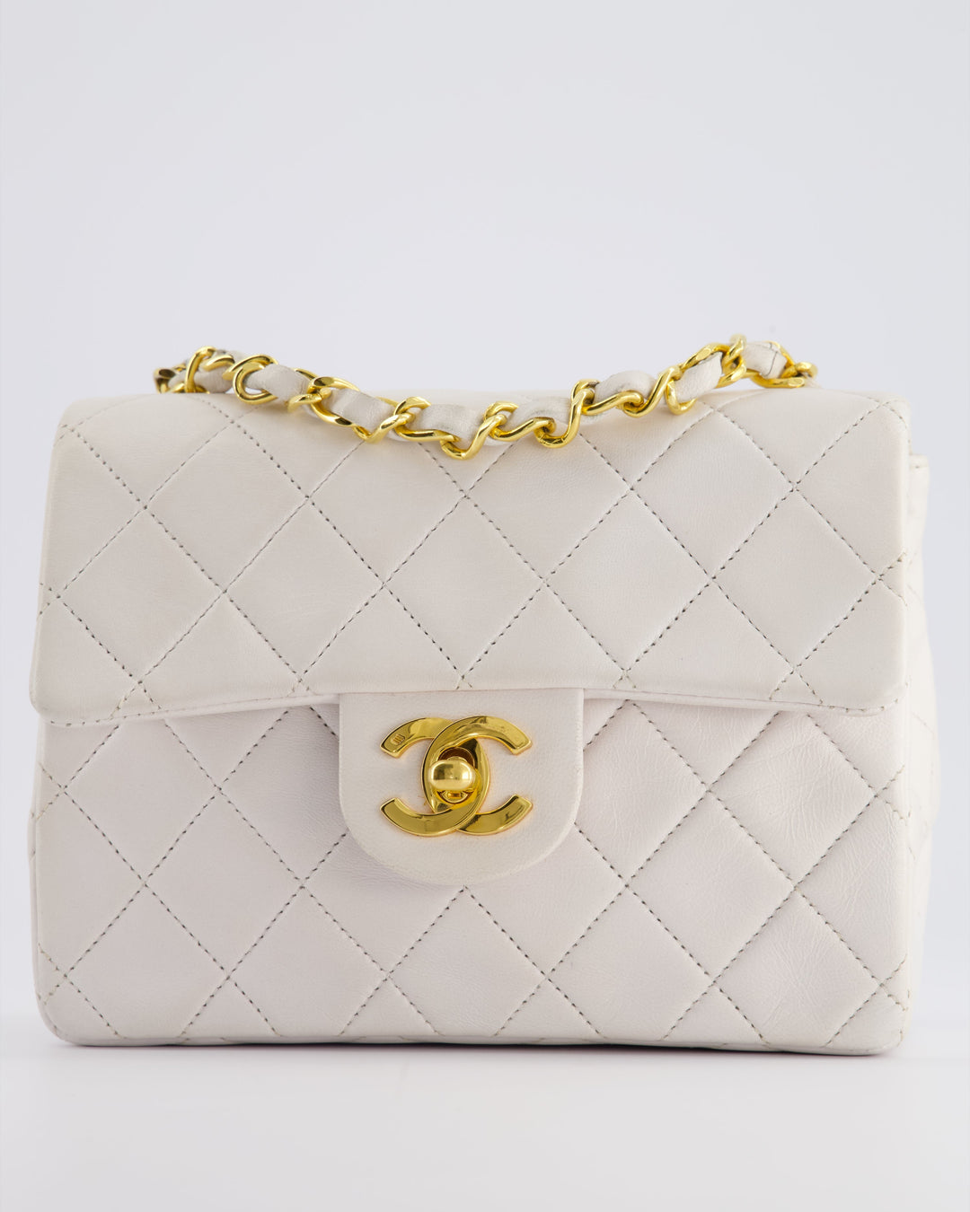 Top Quality Chanel Vintage White Mini Square Bag in Lambskin Leather with 24K Gold Hardware