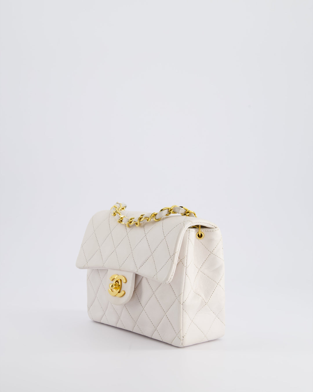 Top Quality Chanel Vintage White Mini Square Bag in Lambskin Leather with 24K Gold Hardware