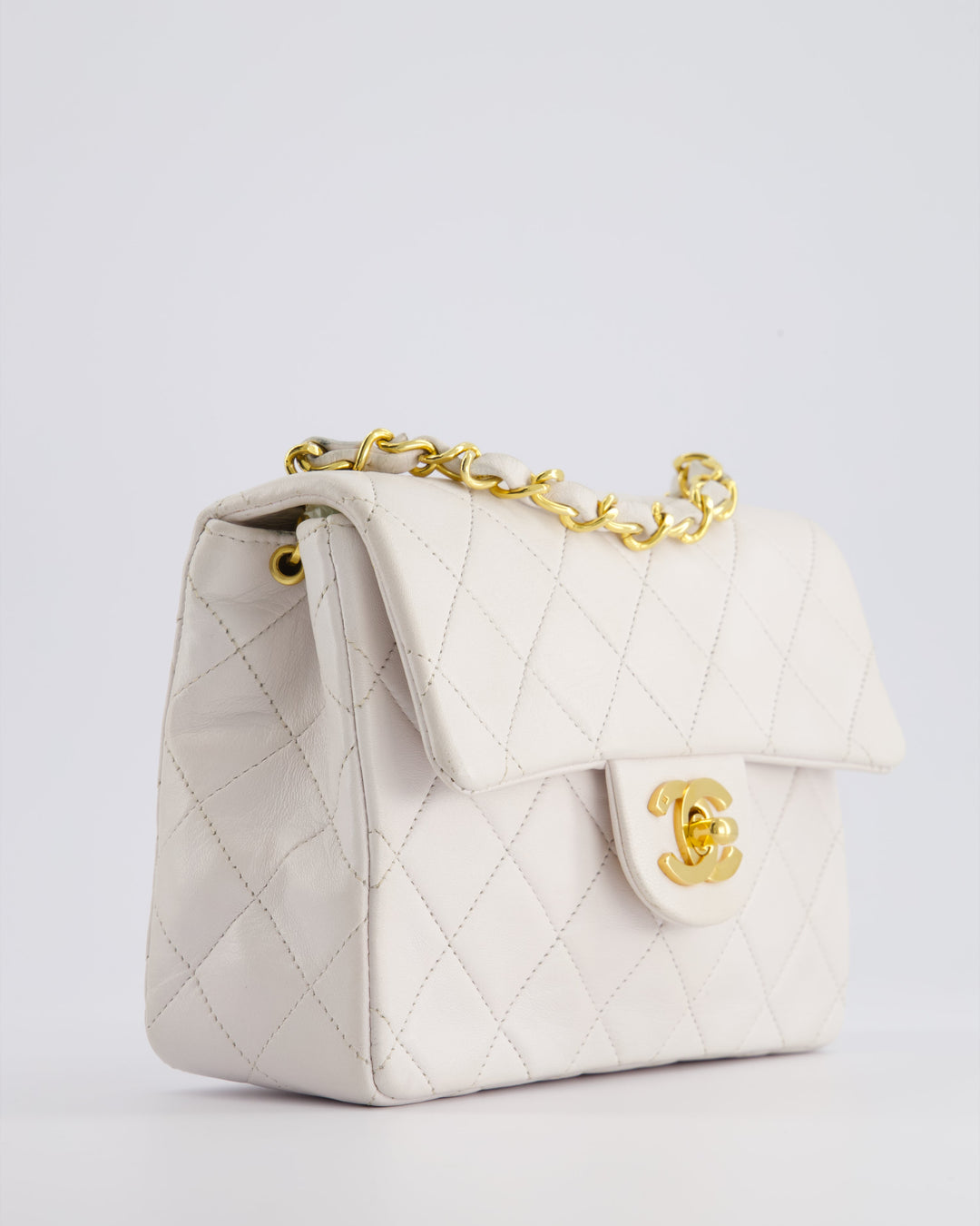Top Quality Chanel Vintage White Mini Square Bag in Lambskin Leather with 24K Gold Hardware