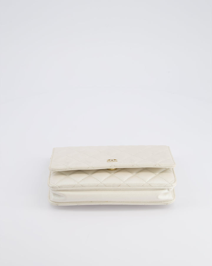 *HOT* Chanel Pearlescent Off-White Wallet on Chain Bag in Calfskin Leather with Champagne Gold Hardware