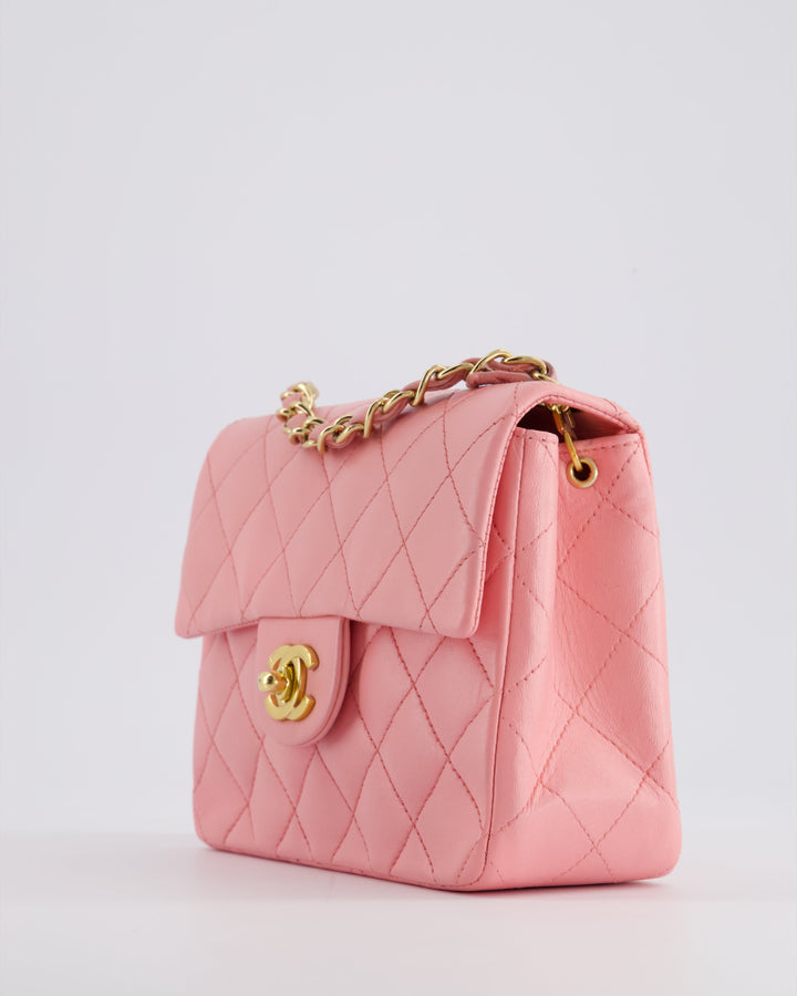*RARE* Top Quality Chanel Vintage Bubblegum Pink Mini Square Flap Bag in Lambskin Leather with 24K Gold Hardware
