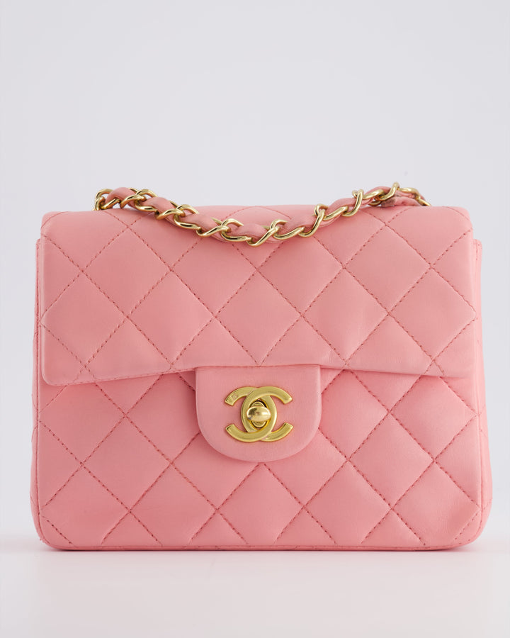 *RARE* Top Quality Chanel Vintage Bubblegum Pink Mini Square Flap Bag in Lambskin Leather with 24K Gold Hardware