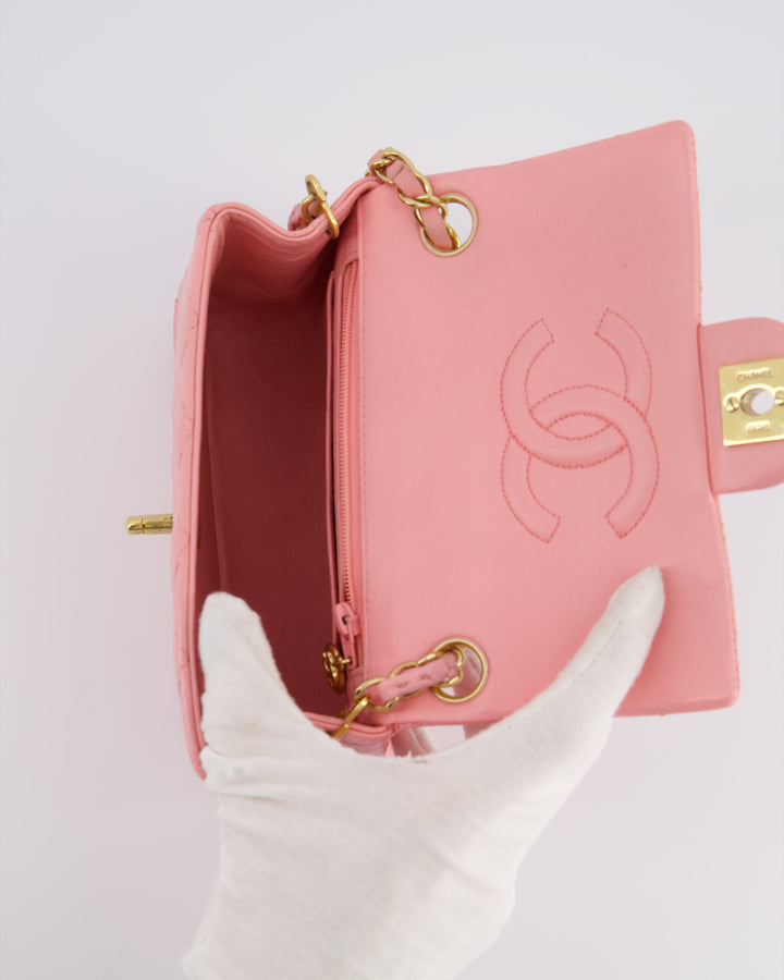 *RARE* Top Quality Chanel Vintage Bubblegum Pink Mini Square Flap Bag in Lambskin Leather with 24K Gold Hardware
