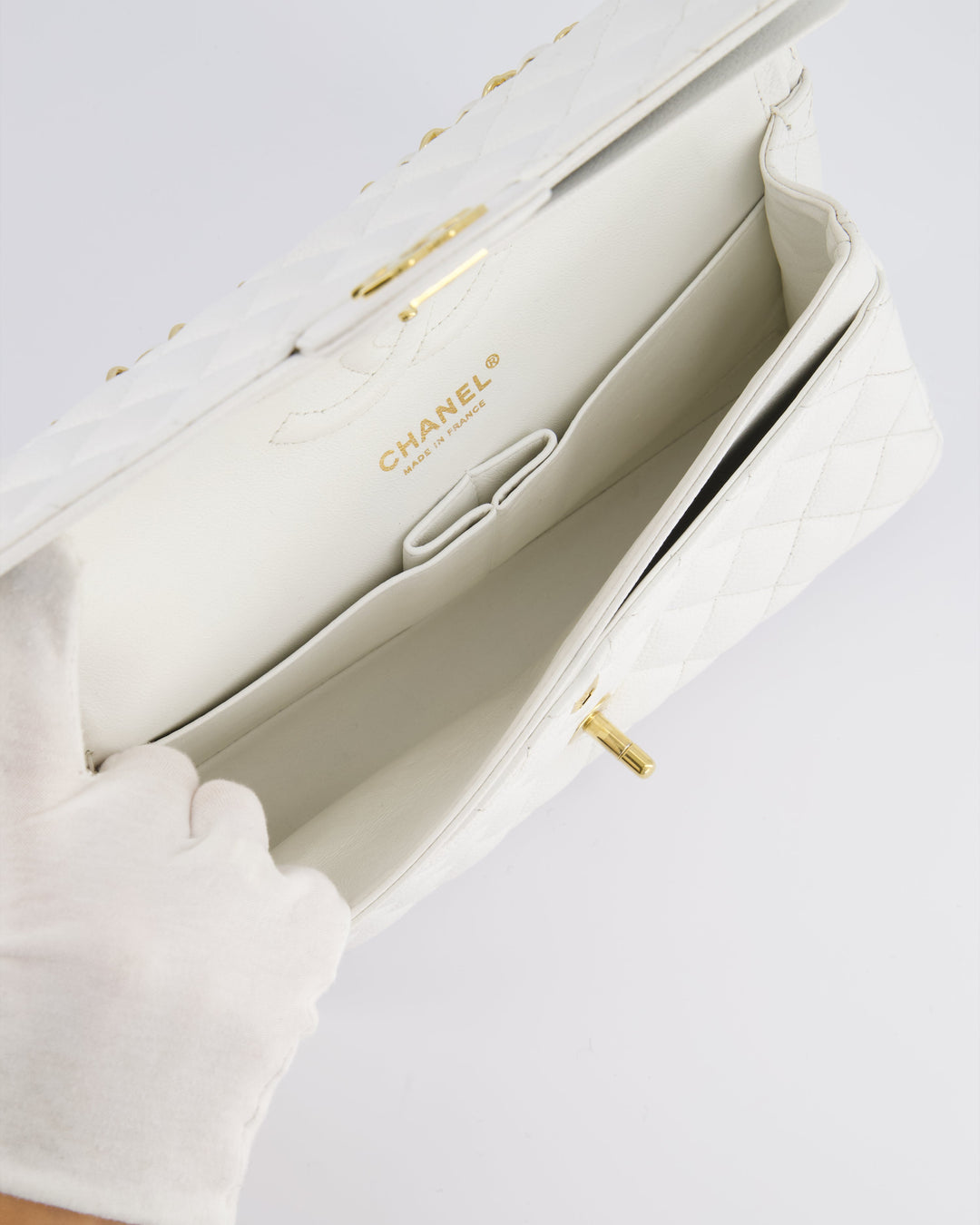 *RARE* Top Quality Chanel White Medium Classic Double Flap in Caviar Leather with Gold Hardware