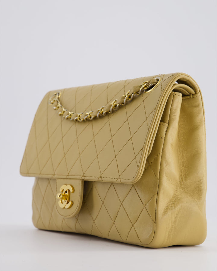 *FIRE PRICE* Top Quality Chanel Vintage Chai Beige Classic Medium Stitched Edge Double Flap Bag in Lambskin Leather with 24K Gold Hardware