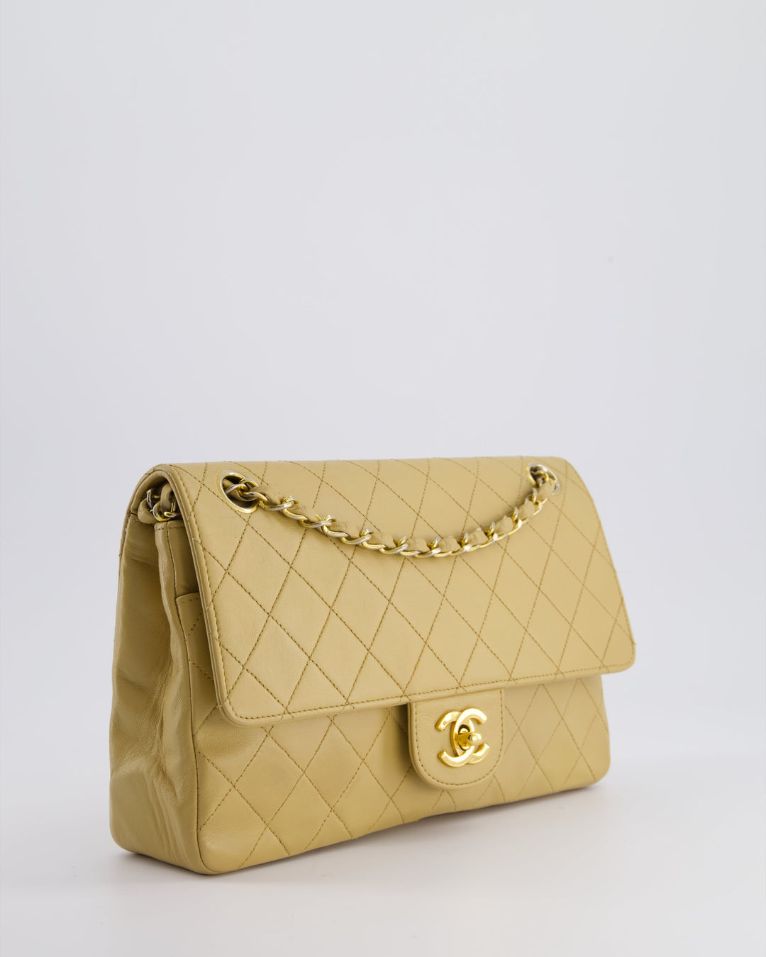 *FIRE PRICE* Top Quality Chanel Vintage Chai Beige Classic Medium Stitched Edge Double Flap Bag in Lambskin Leather with 24K Gold Hardware