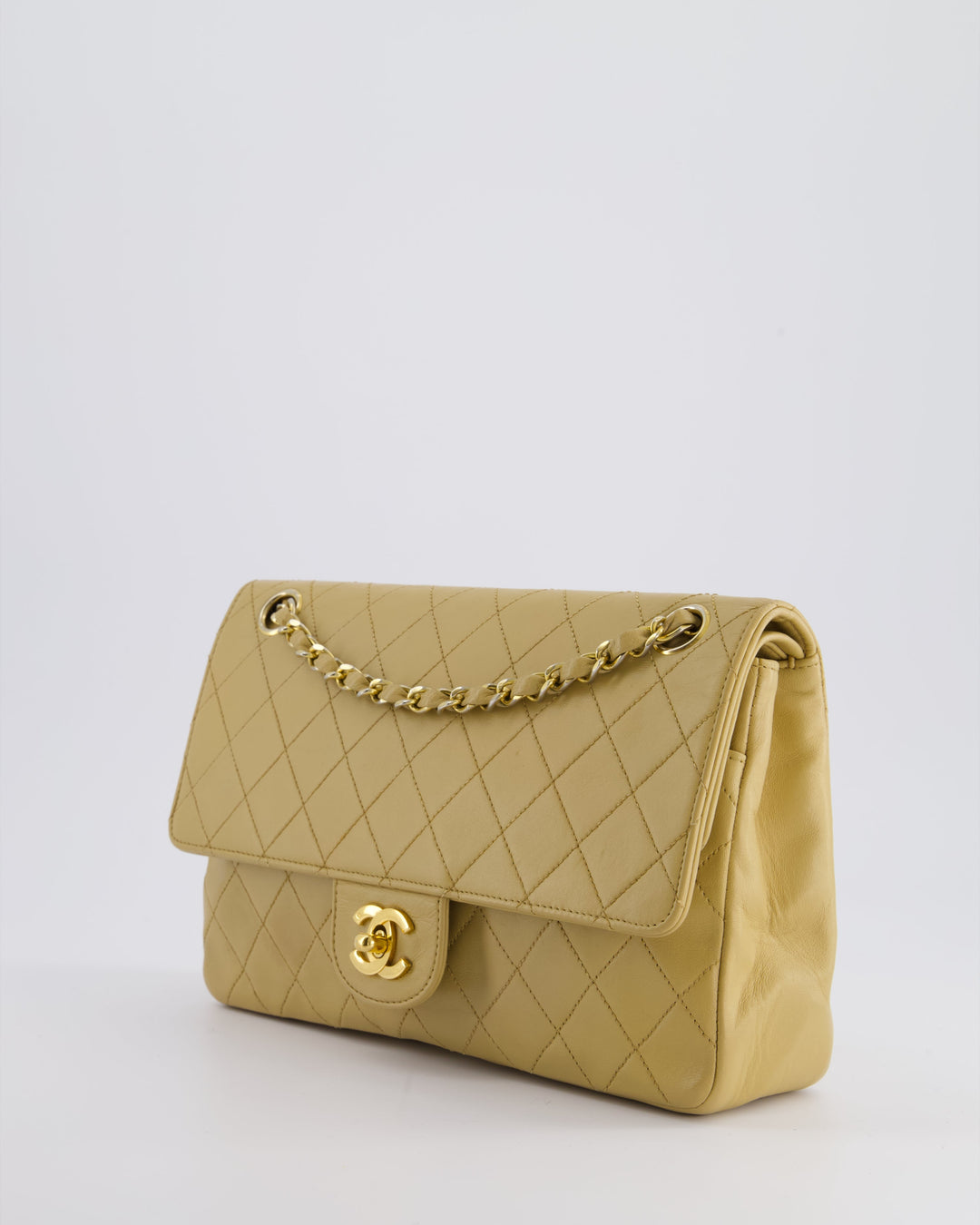 *FIRE PRICE* Top Quality Chanel Vintage Chai Beige Classic Medium Stitched Edge Double Flap Bag in Lambskin Leather with 24K Gold Hardware