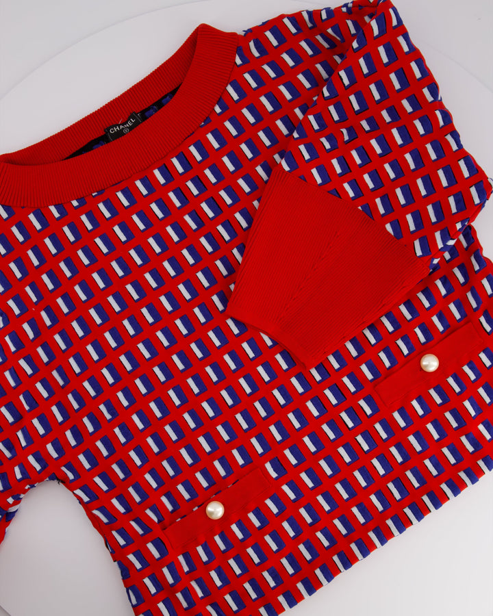 Top Quality Chanel SS13 Red Knit Jumper with Pearl Pockets & Blue and White Window Detail Size FR 36 (UK 8)