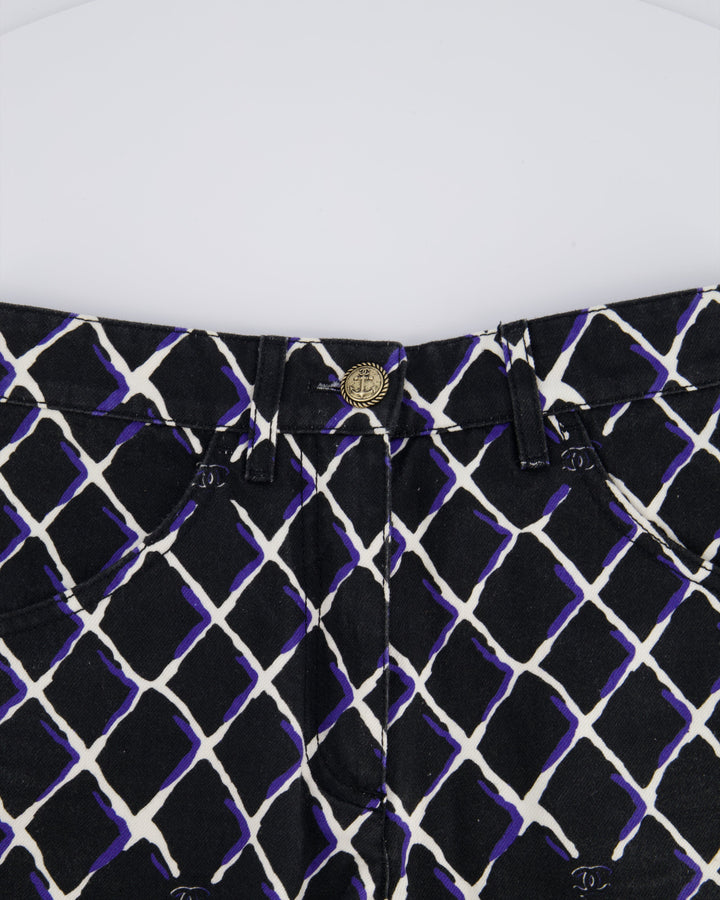 Top Quality Chanel Black Denim Mini Shorts with Quilted Print in Blue & White with Anchor Button Detail Size FR 34 (UK 6)