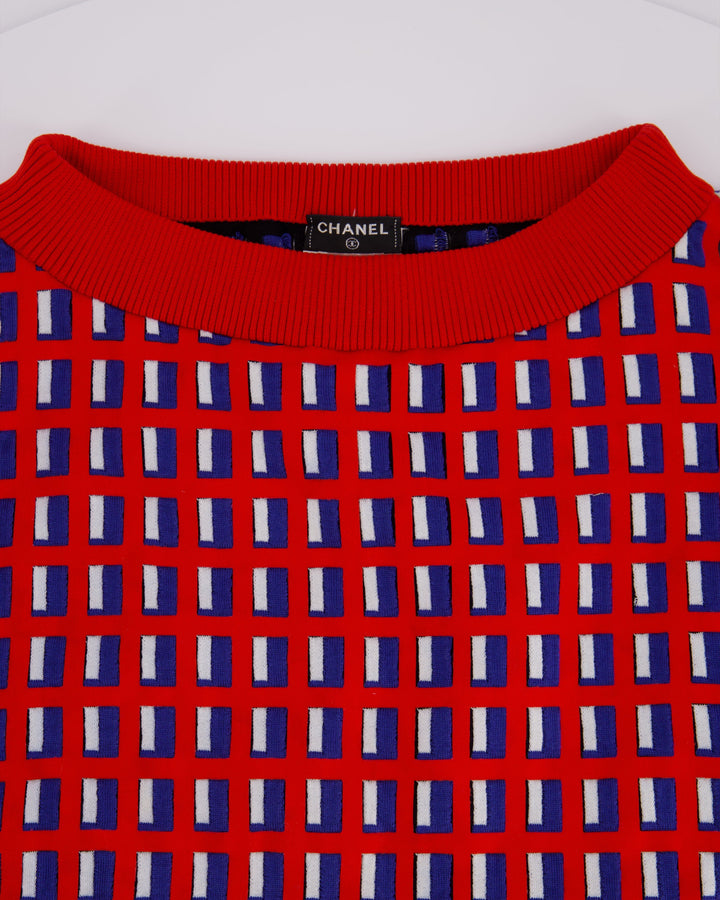 Top Quality Chanel SS13 Red Knit Jumper with Pearl Pockets & Blue and White Window Detail Size FR 36 (UK 8)