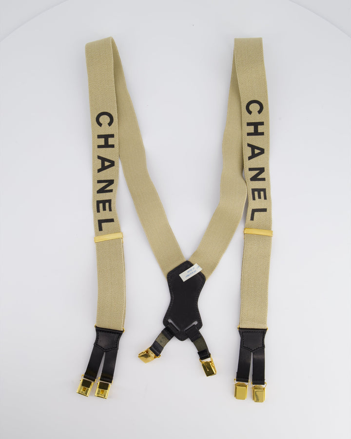 Top Quality Chanel Vintage 1990s Beige Black Logo Ski Suspender Braces