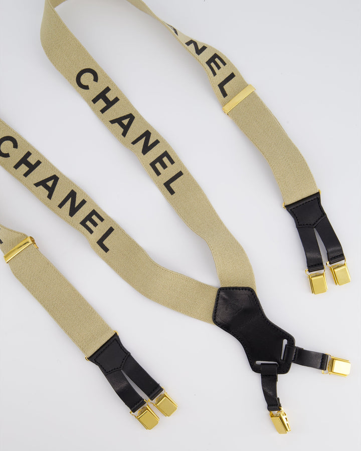 Top Quality Chanel Vintage 1990s Beige Black Logo Ski Suspender Braces
