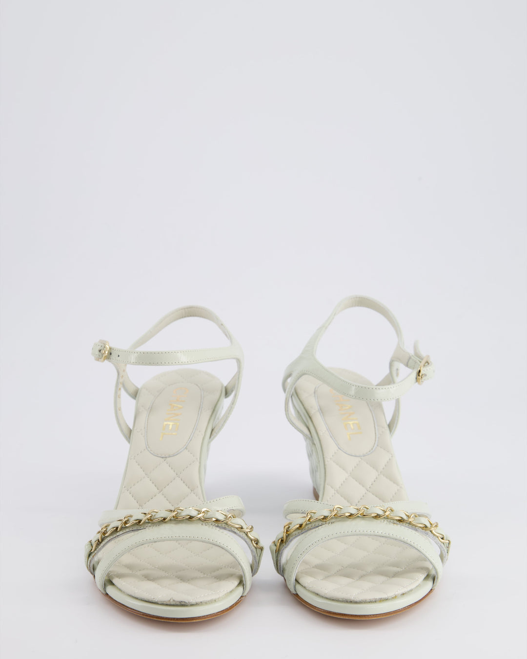 Top Quality Chanel Light Grey Quilted CC Logo Ankle Strap Wedges in Patent Leather Size EU 39.5