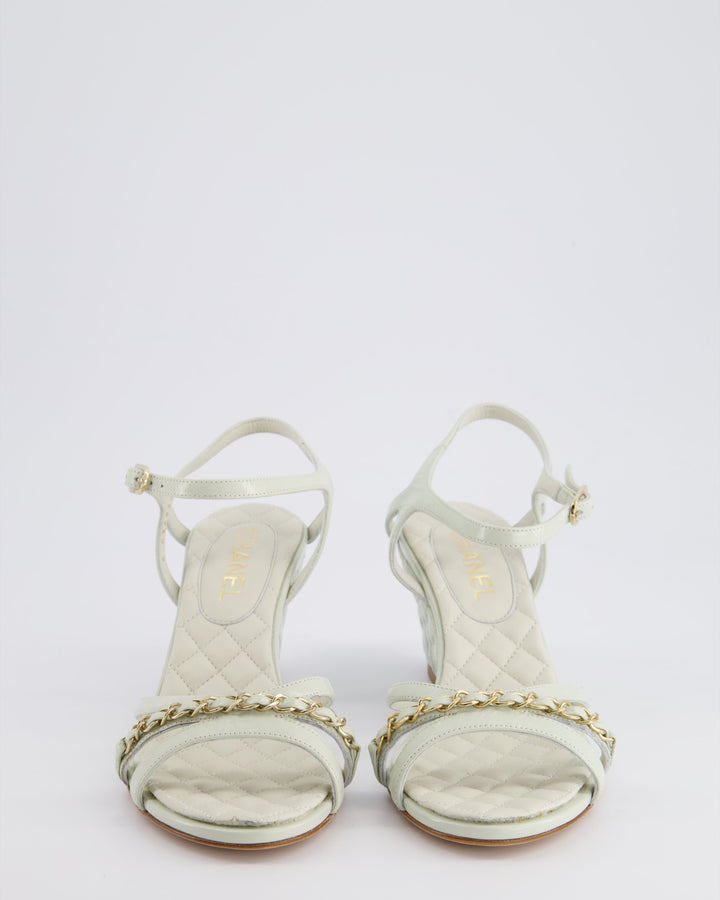 Top Quality Chanel Light Grey Quilted CC Logo Ankle Strap Wedges in Patent Leather Size EU 39.5