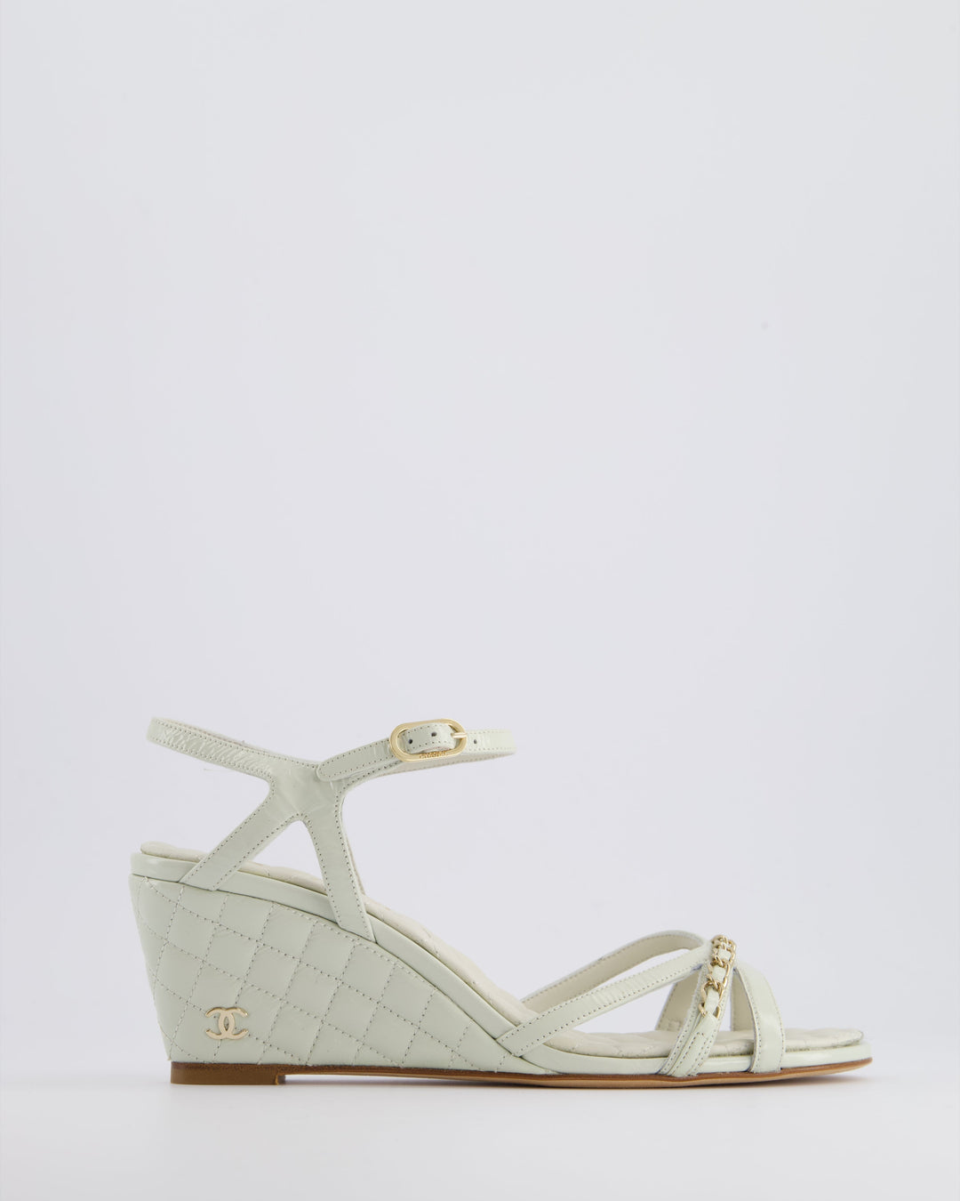 Top Quality Chanel Light Grey Quilted CC Logo Ankle Strap Wedges in Patent Leather Size EU 39.5