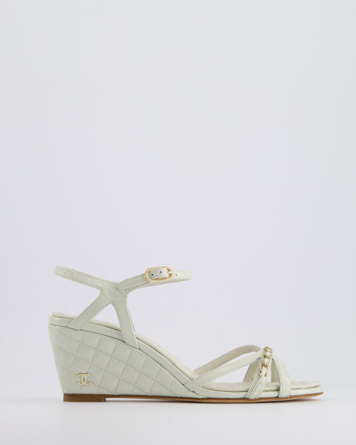Top Quality Chanel Light Grey Quilted CC Logo Ankle Strap Wedges in Patent Leather Size EU 39.5