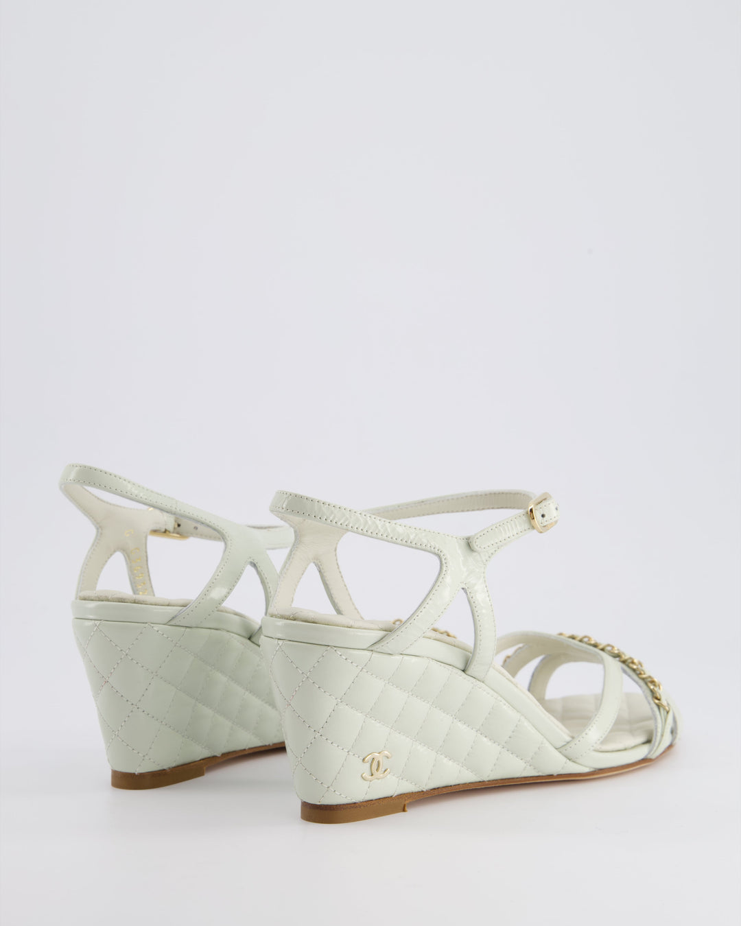 Top Quality Chanel Light Grey Quilted CC Logo Ankle Strap Wedges in Patent Leather Size EU 39.5