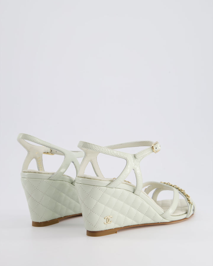 Top Quality Chanel Light Grey Quilted CC Logo Ankle Strap Wedges in Patent Leather Size EU 39.5