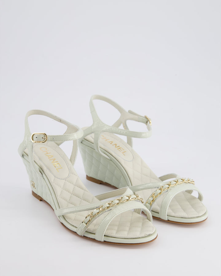 Top Quality Chanel Light Grey Quilted CC Logo Ankle Strap Wedges in Patent Leather Size EU 39.5