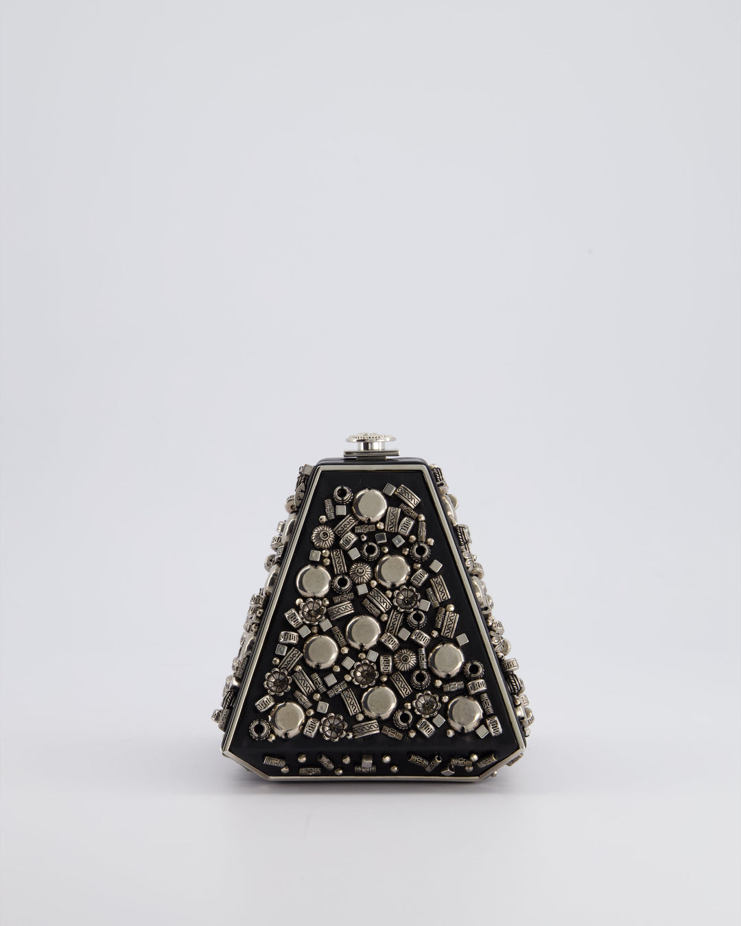 *RARE* Top Quality Chanel 2012 Pre-Fall Paris-Bombay Collection Black Leather & Silver Hardware Detail Pyramid Evening Bag