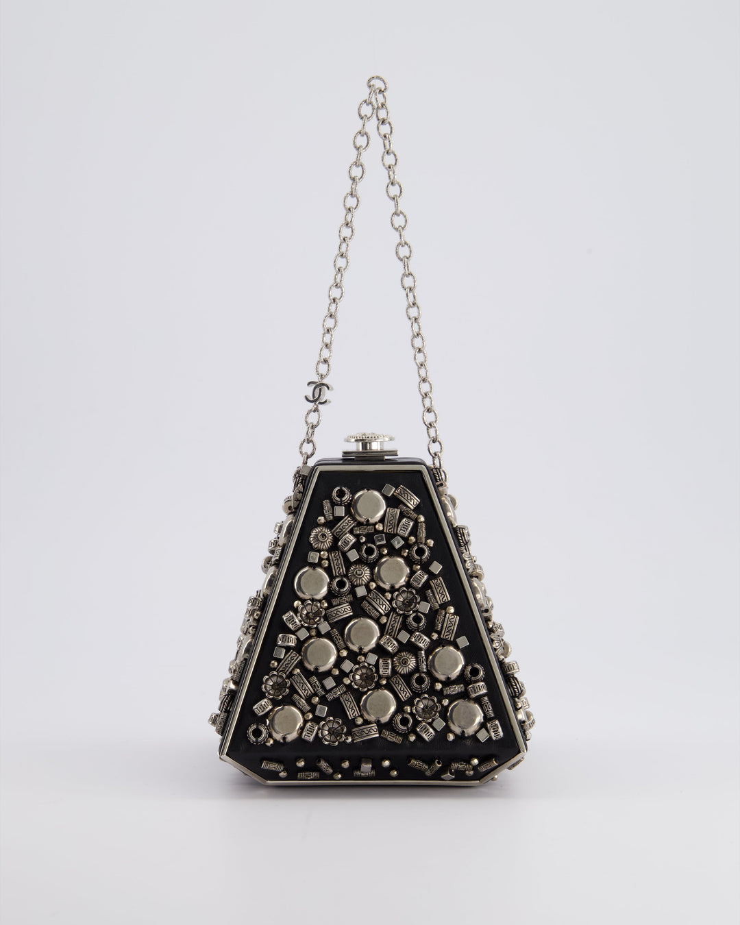 *RARE* Top Quality Chanel 2012 Pre-Fall Paris-Bombay Collection Black Leather & Silver Hardware Detail Pyramid Evening Bag