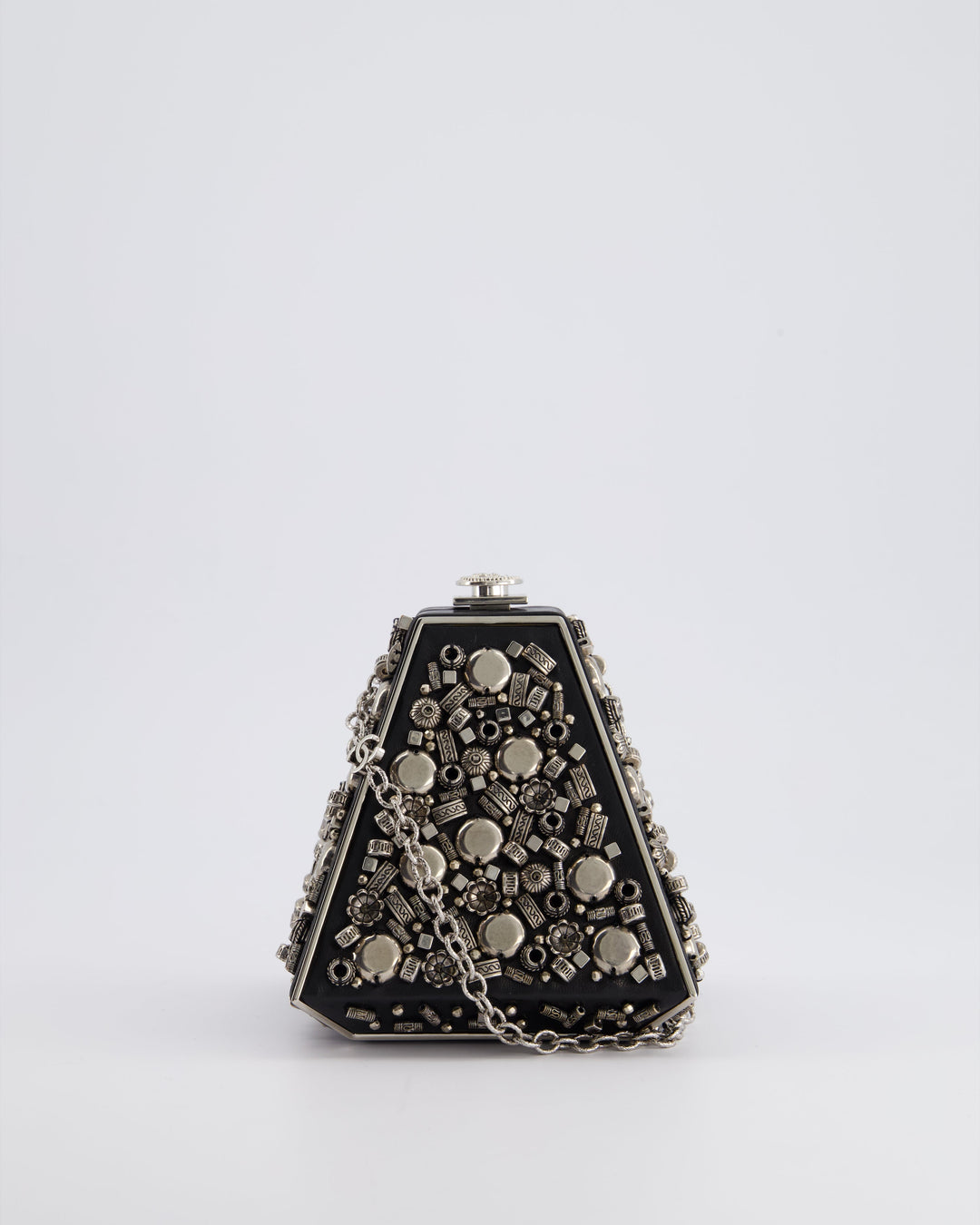 *RARE* Top Quality Chanel 2012 Pre-Fall Paris-Bombay Collection Black Leather & Silver Hardware Detail Pyramid Evening Bag