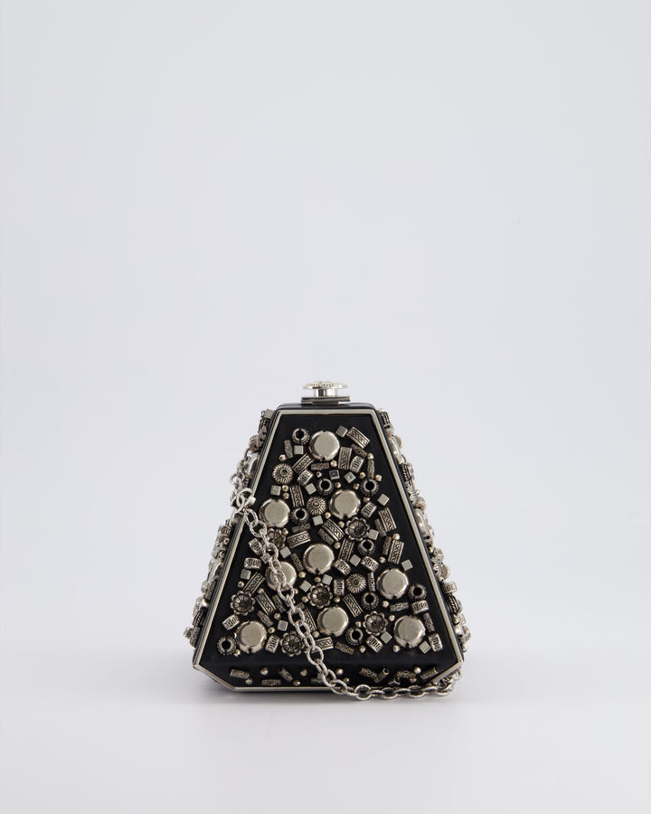 *RARE* Top Quality Chanel 2012 Pre-Fall Paris-Bombay Collection Black Leather & Silver Hardware Detail Pyramid Evening Bag