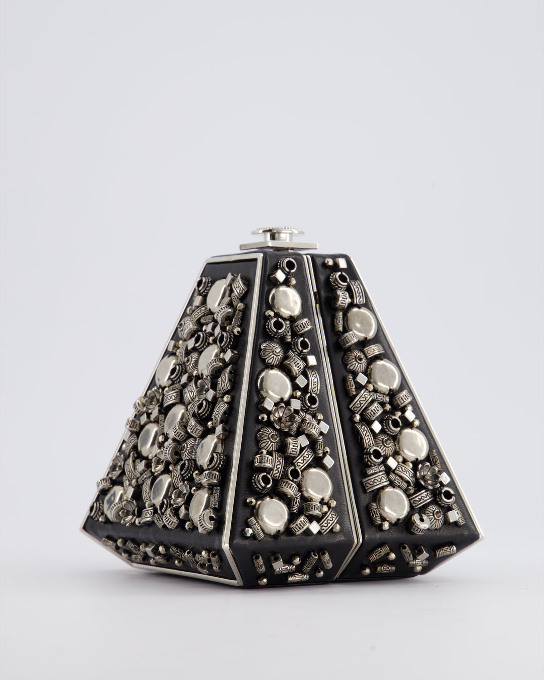 *RARE* Top Quality Chanel 2012 Pre-Fall Paris-Bombay Collection Black Leather & Silver Hardware Detail Pyramid Evening Bag