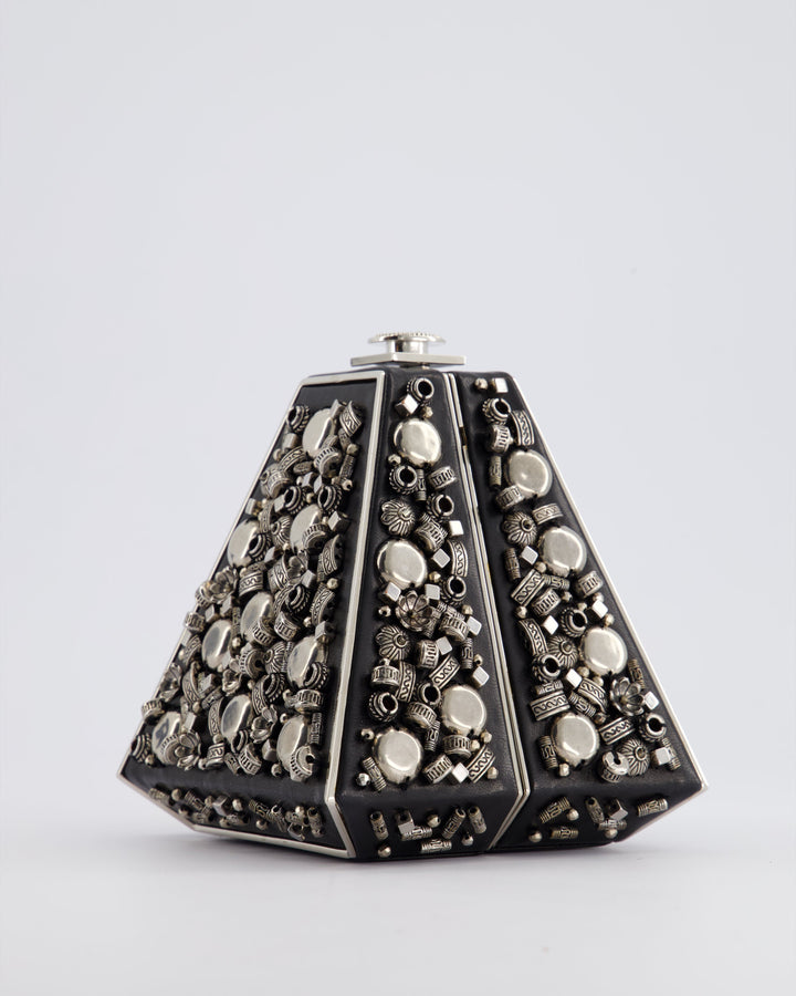 *RARE* Top Quality Chanel 2012 Pre-Fall Paris-Bombay Collection Black Leather & Silver Hardware Detail Pyramid Evening Bag