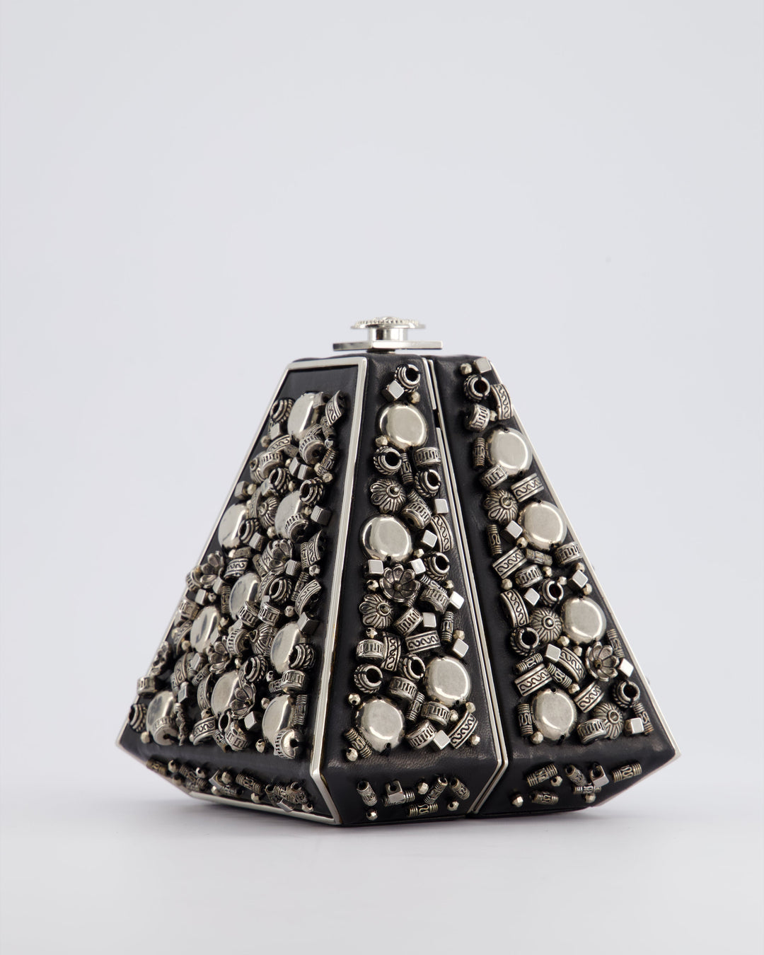 *RARE* Top Quality Chanel 2012 Pre-Fall Paris-Bombay Collection Black Leather & Silver Hardware Detail Pyramid Evening Bag