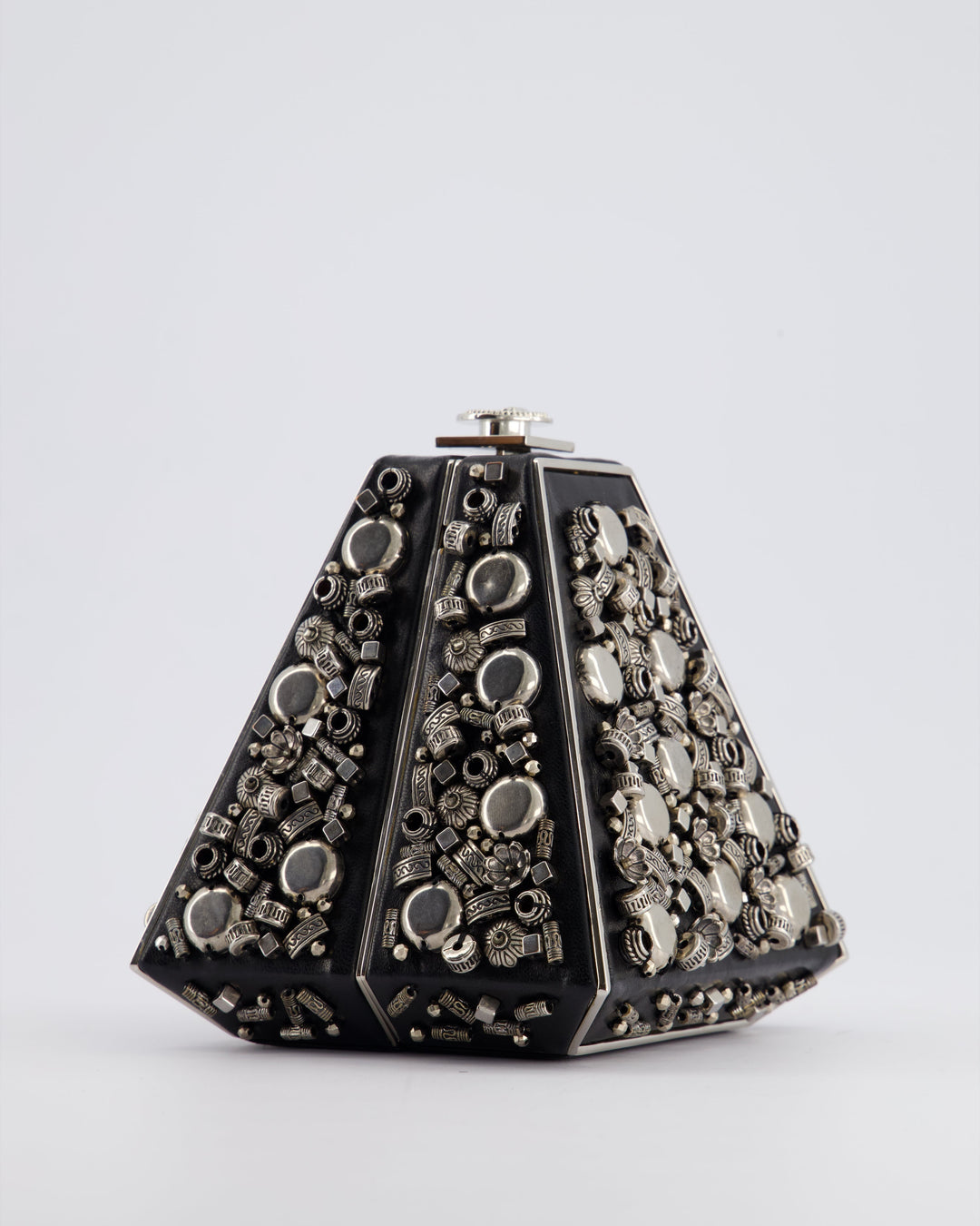 *RARE* Top Quality Chanel 2012 Pre-Fall Paris-Bombay Collection Black Leather & Silver Hardware Detail Pyramid Evening Bag
