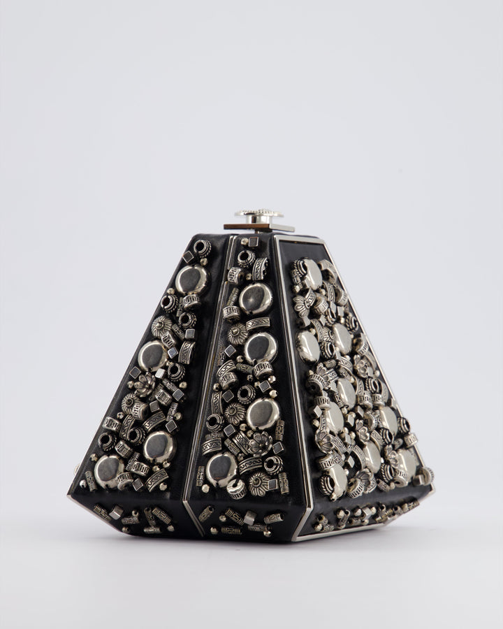 *RARE* Top Quality Chanel 2012 Pre-Fall Paris-Bombay Collection Black Leather & Silver Hardware Detail Pyramid Evening Bag