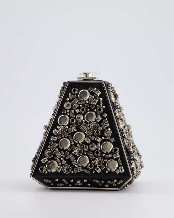 *RARE* Top Quality Chanel 2012 Pre-Fall Paris-Bombay Collection Black Leather & Silver Hardware Detail Pyramid Evening Bag