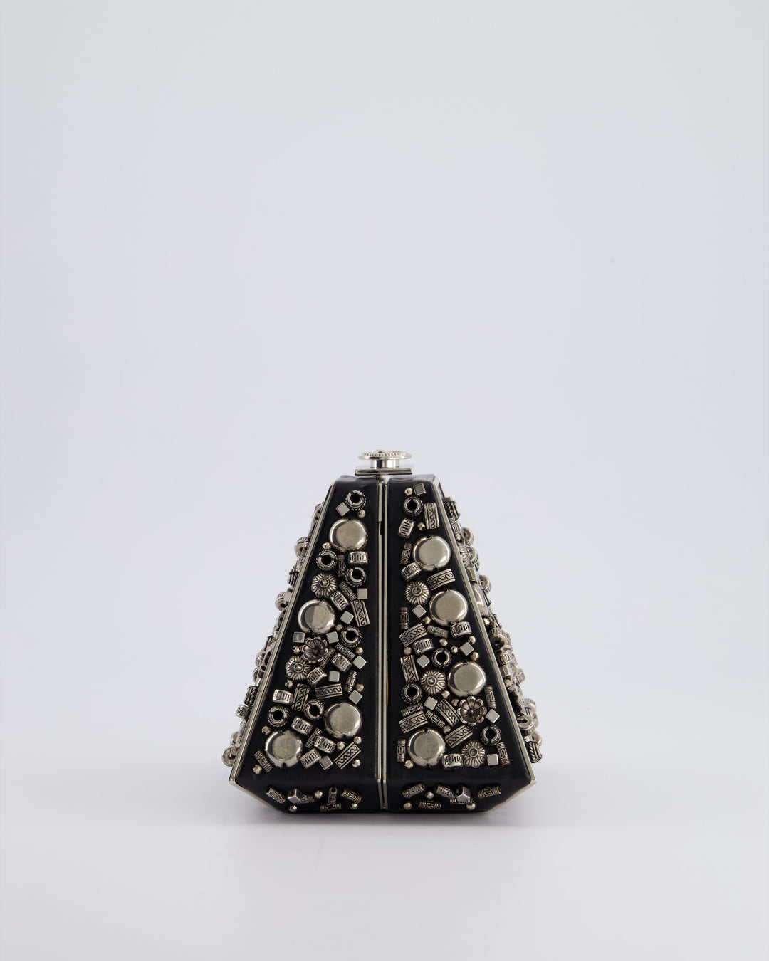 *RARE* Top Quality Chanel 2012 Pre-Fall Paris-Bombay Collection Black Leather & Silver Hardware Detail Pyramid Evening Bag
