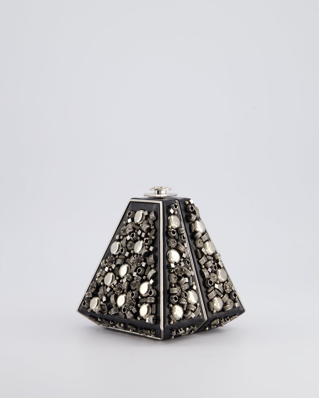*RARE* Top Quality Chanel 2012 Pre-Fall Paris-Bombay Collection Black Leather & Silver Hardware Detail Pyramid Evening Bag
