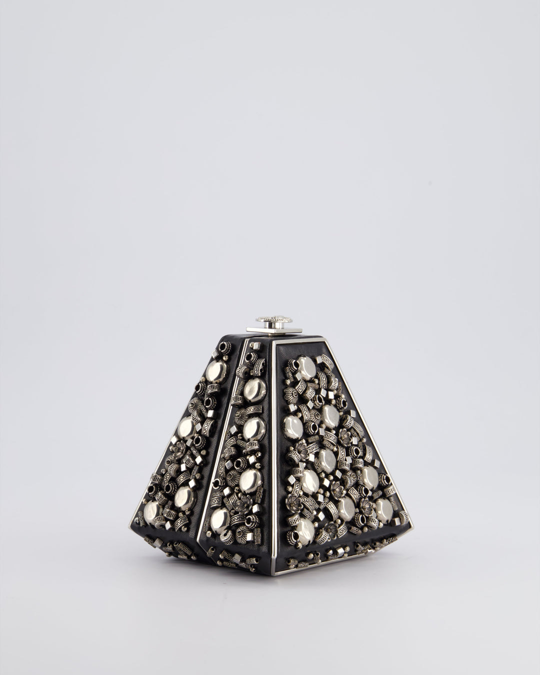 *RARE* Top Quality Chanel 2012 Pre-Fall Paris-Bombay Collection Black Leather & Silver Hardware Detail Pyramid Evening Bag