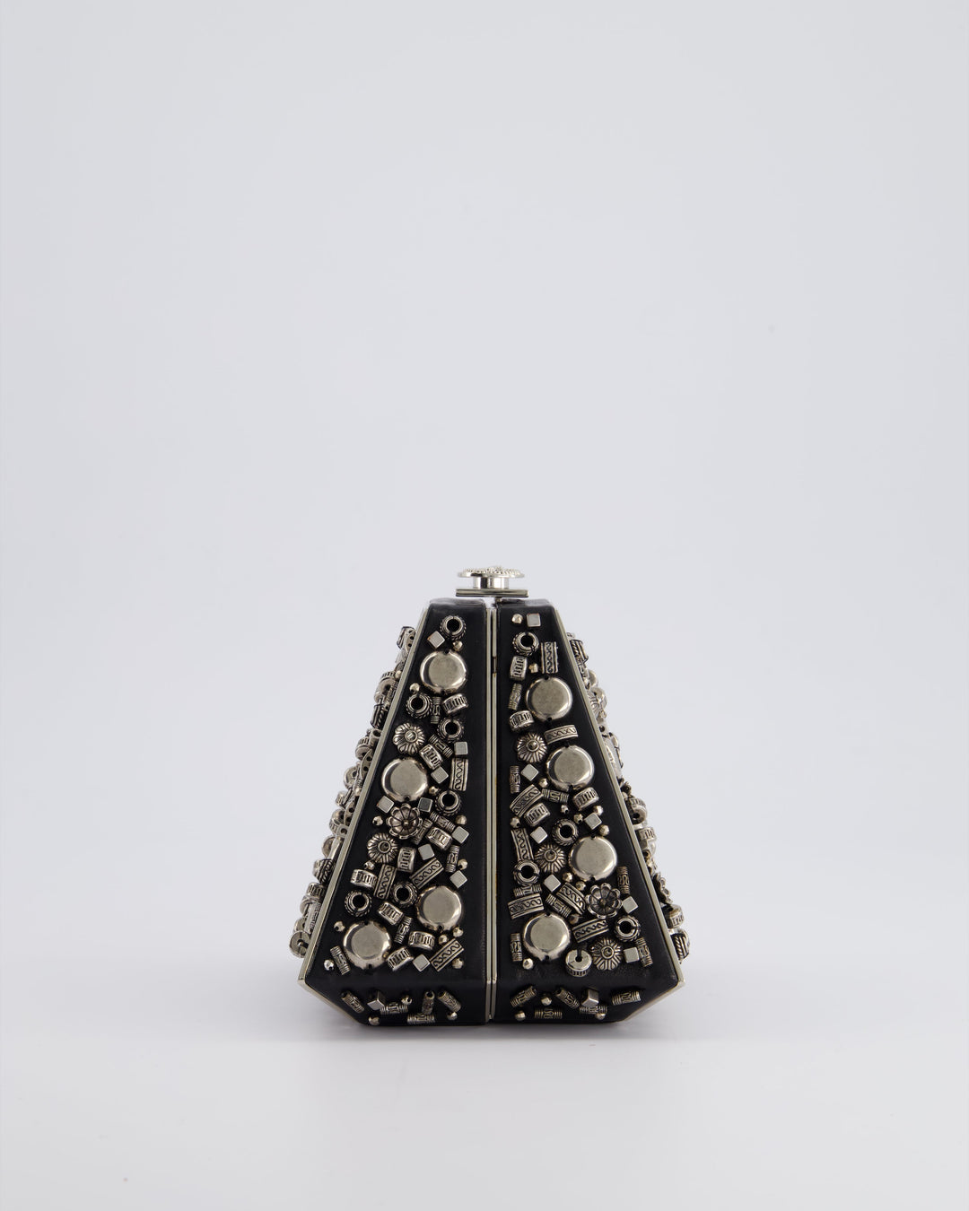 *RARE* Top Quality Chanel 2012 Pre-Fall Paris-Bombay Collection Black Leather & Silver Hardware Detail Pyramid Evening Bag
