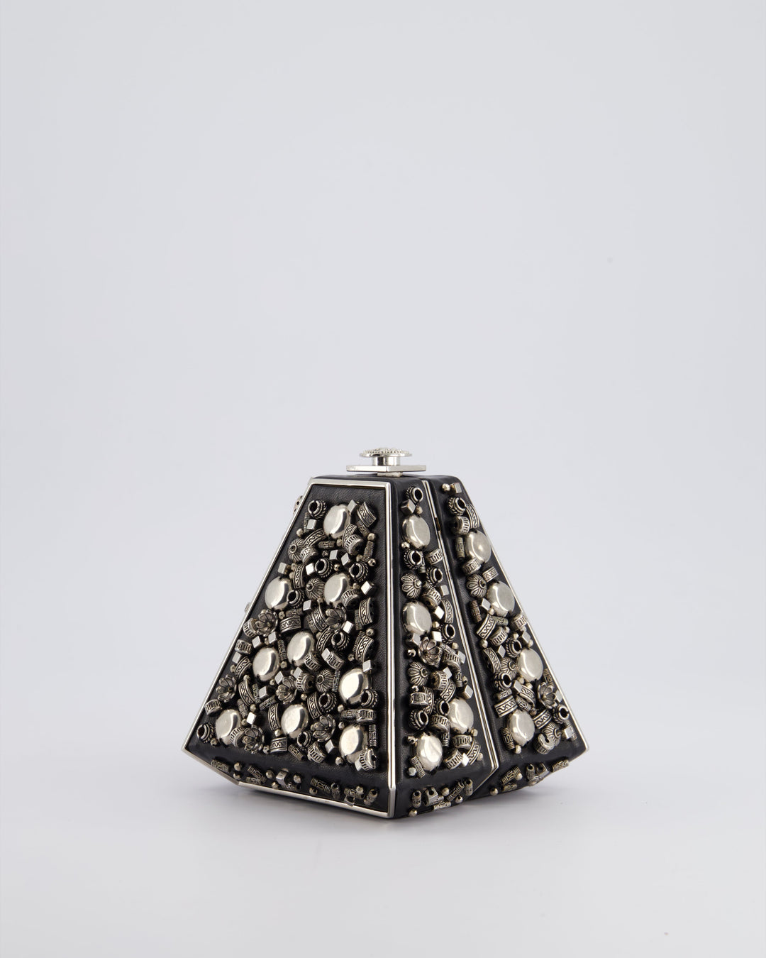 *RARE* Top Quality Chanel 2012 Pre-Fall Paris-Bombay Collection Black Leather & Silver Hardware Detail Pyramid Evening Bag