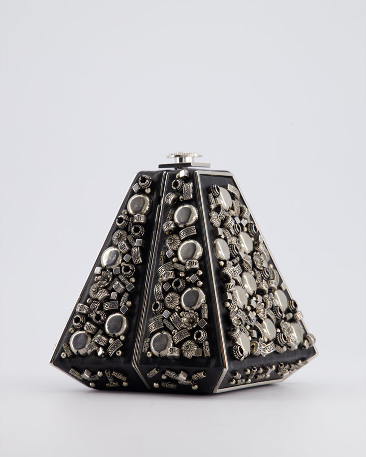 *RARE* Top Quality Chanel 2012 Pre-Fall Paris-Bombay Collection Black Leather & Silver Hardware Detail Pyramid Evening Bag