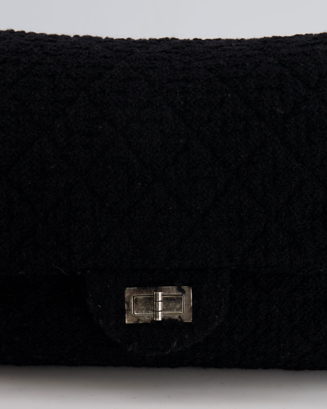 Top Quality Chanel Black Wool Quilted Tweed Reissue 2.55 XL Flap Bag with Ruthenium Hardware