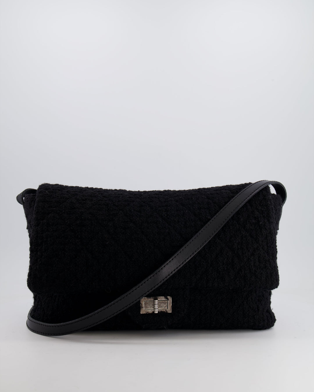 Top Quality Chanel Black Wool Quilted Tweed Reissue 2.55 XL Flap Bag with Ruthenium Hardware