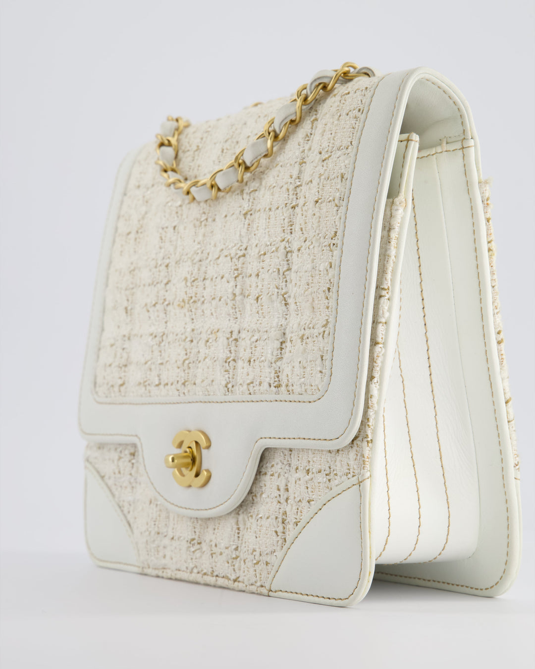 Top Quality Chanel Small White Tweed and Aged Calfskin Flap Bag with Brushed Gold Hardware